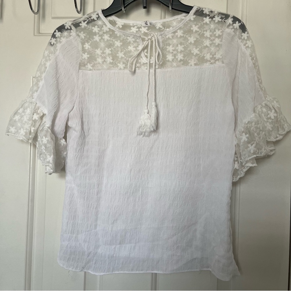 White Blouse with Sheer Floral Detail